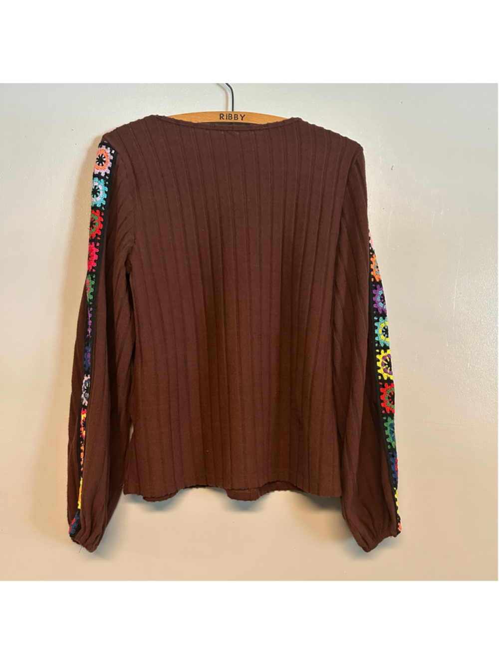 Brown Long Sleeve Blouse Multicolor Crochet Granny Squares Women’s Size Small - Picture 3 of 4